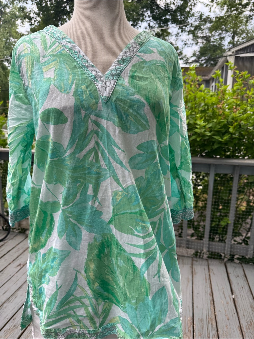 Christian Siriano Mint and White Leaf-Print Swim Coverup Tunic
